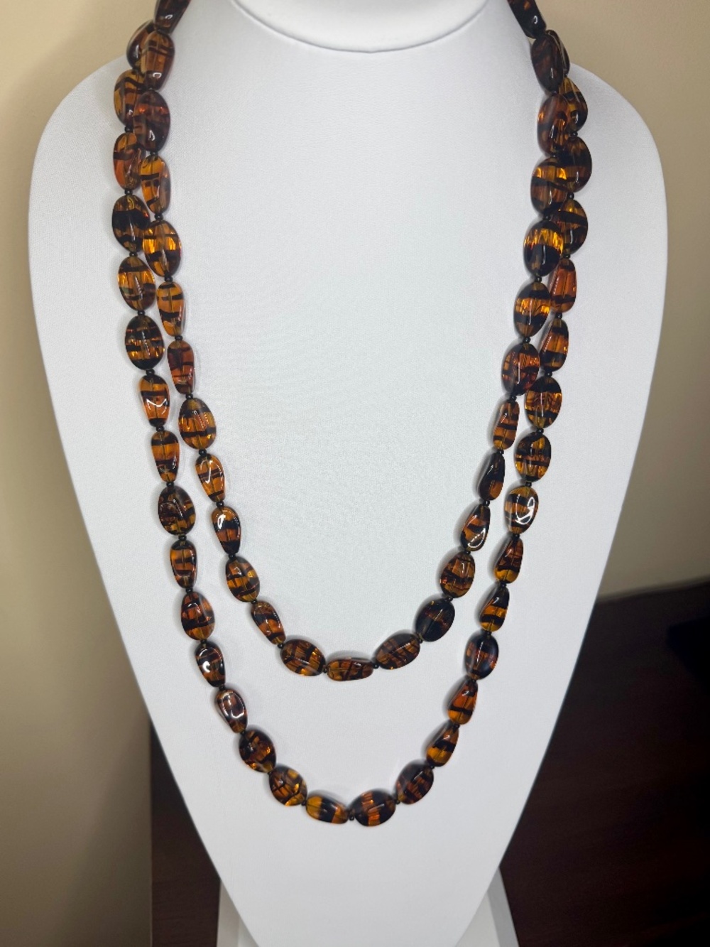 Vintage Amber Black Root Beer Glass Necklace 30" Drop VERY LONG - Picture 3 of 16